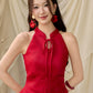 Tang Cheongsam Side Pleat Dress - Red Jacquard