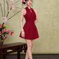 Petal Cheongsam Dress - Plain Maroon
