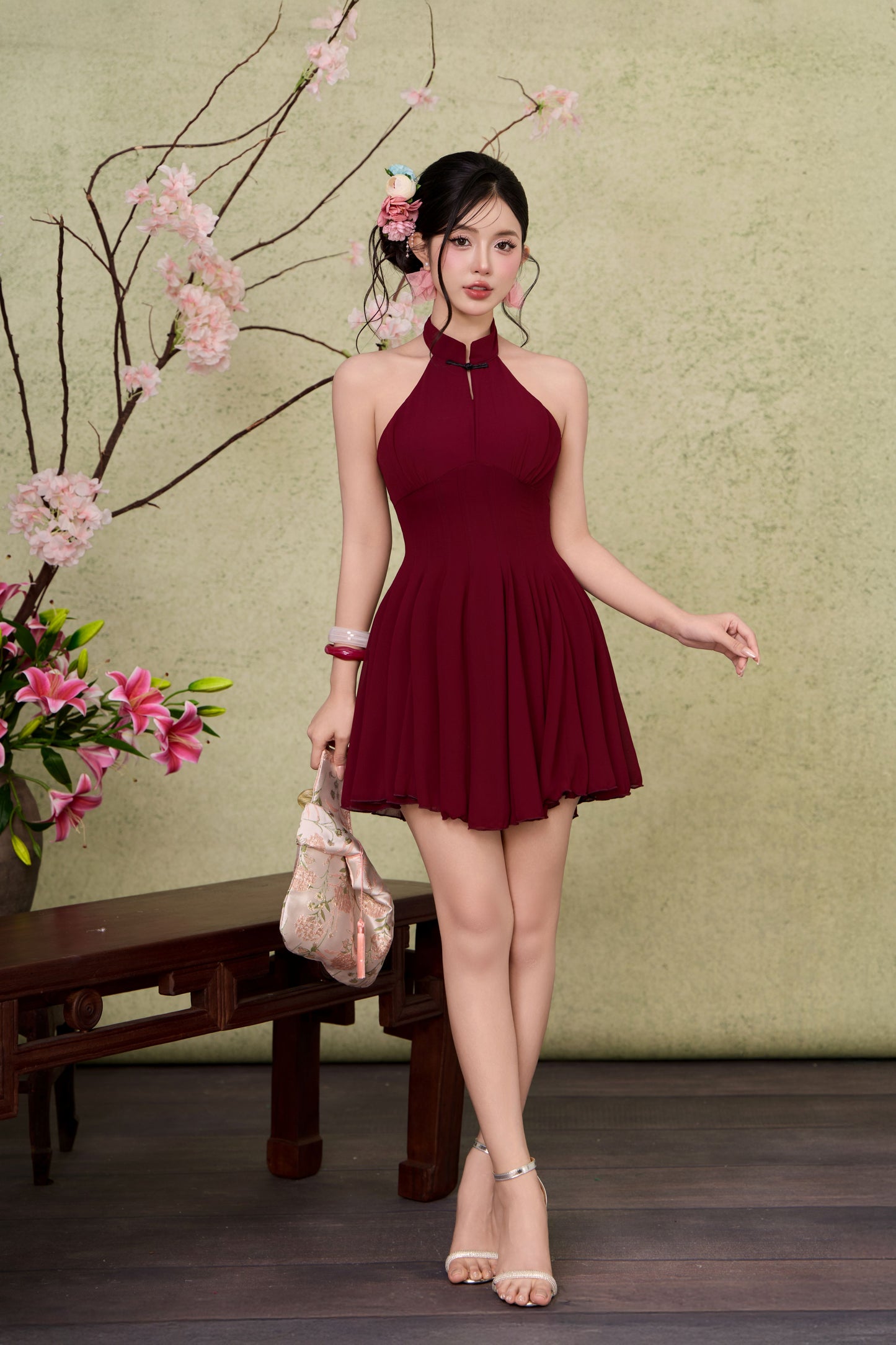 Jade corset panelling dress - Dark Maroon