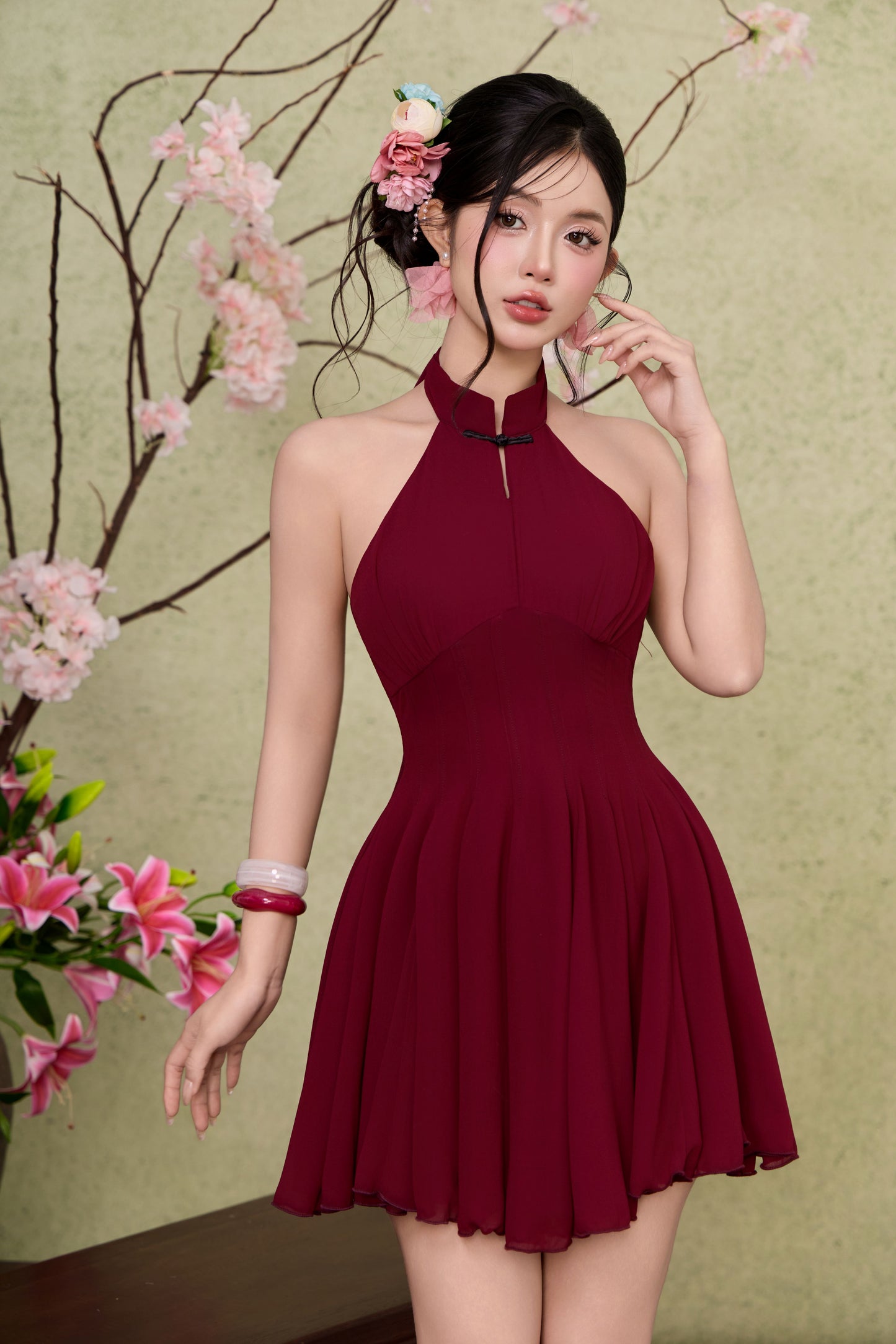 Jade corset panelling dress - Dark Maroon