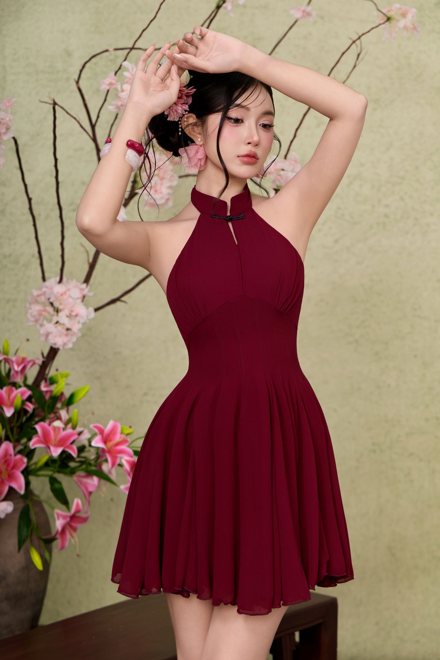 Jade corset panelling dress - Dark Maroon