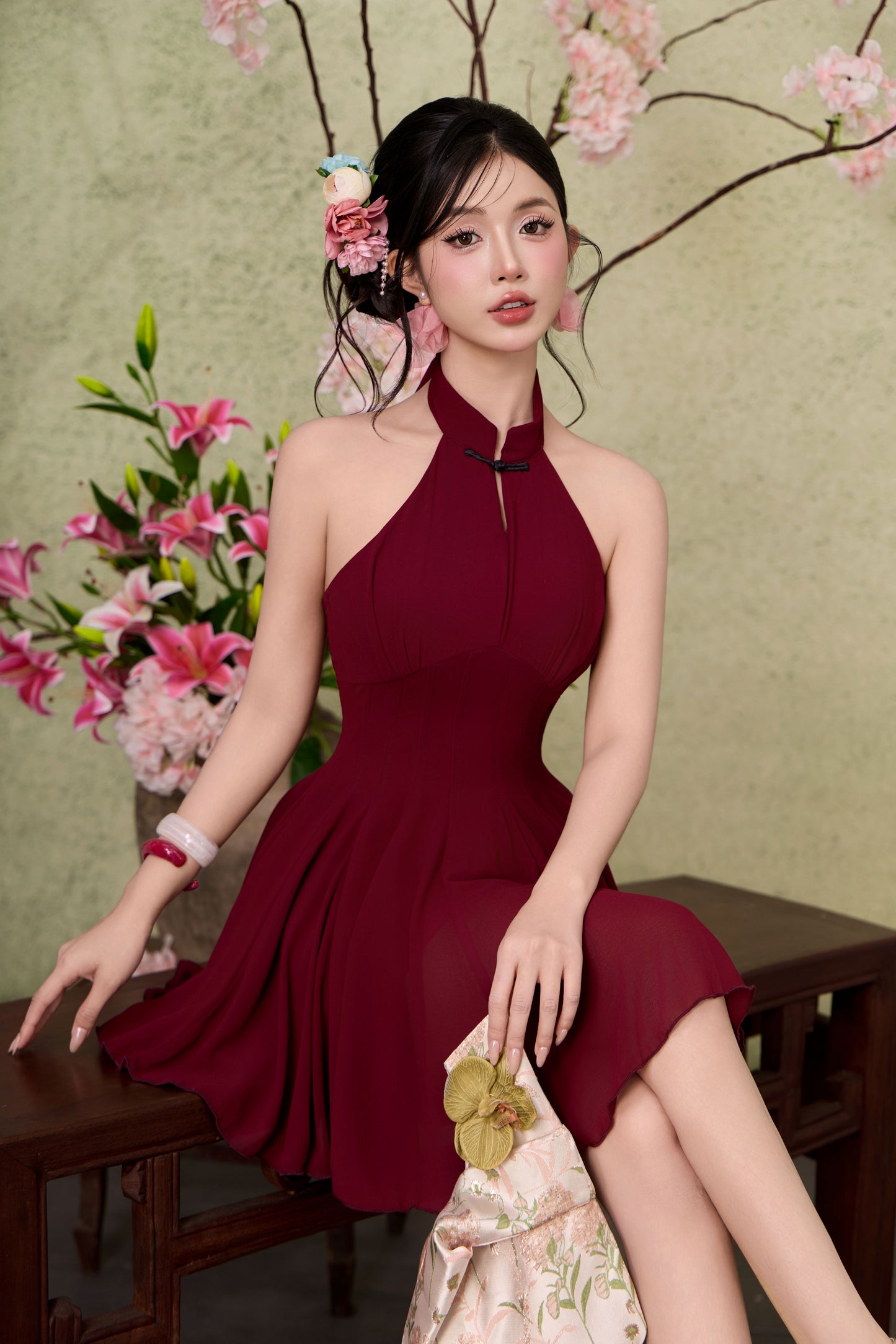 Jade corset panelling dress - Dark Maroon