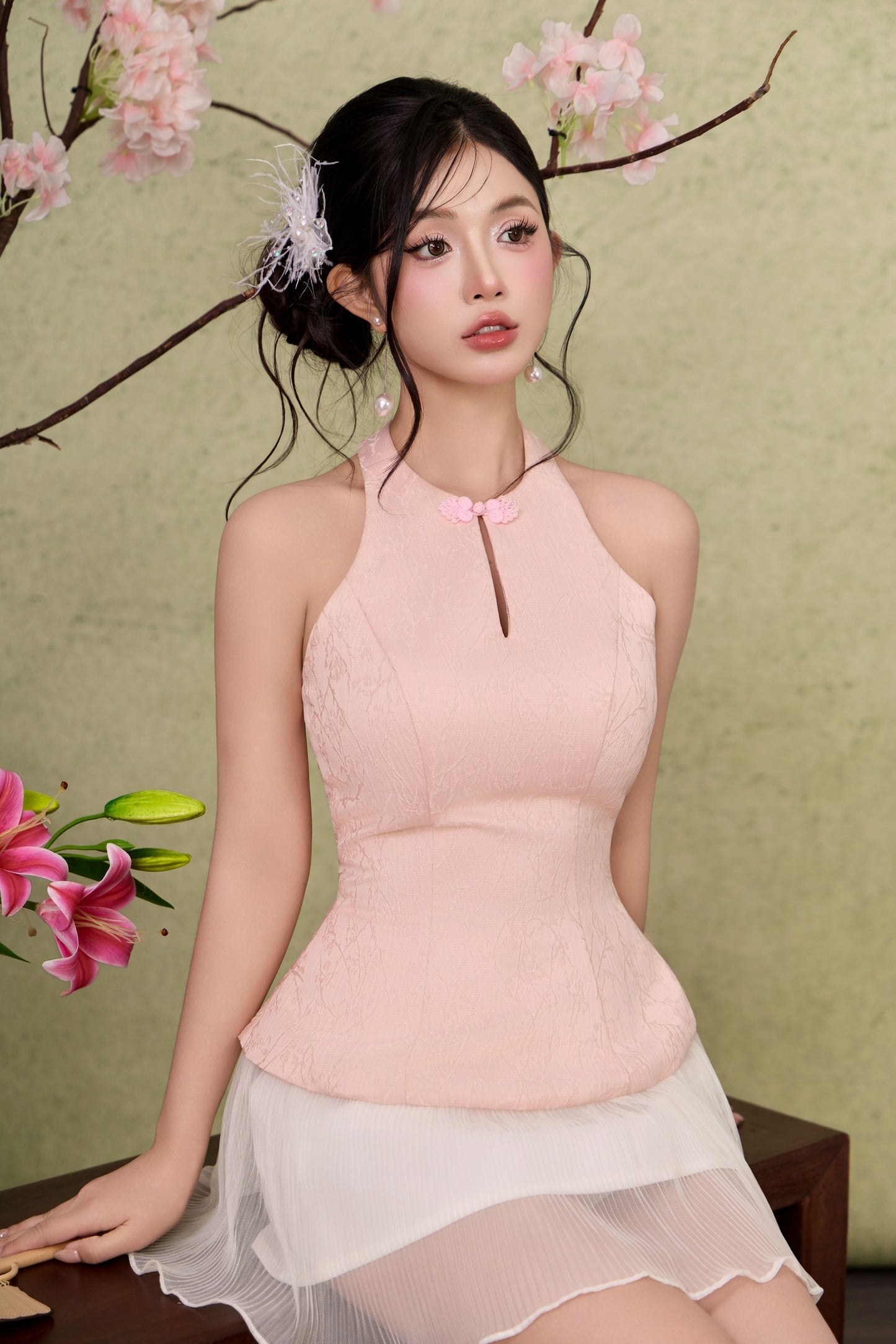 Ruyi Jaquard Flare Top - Pink
