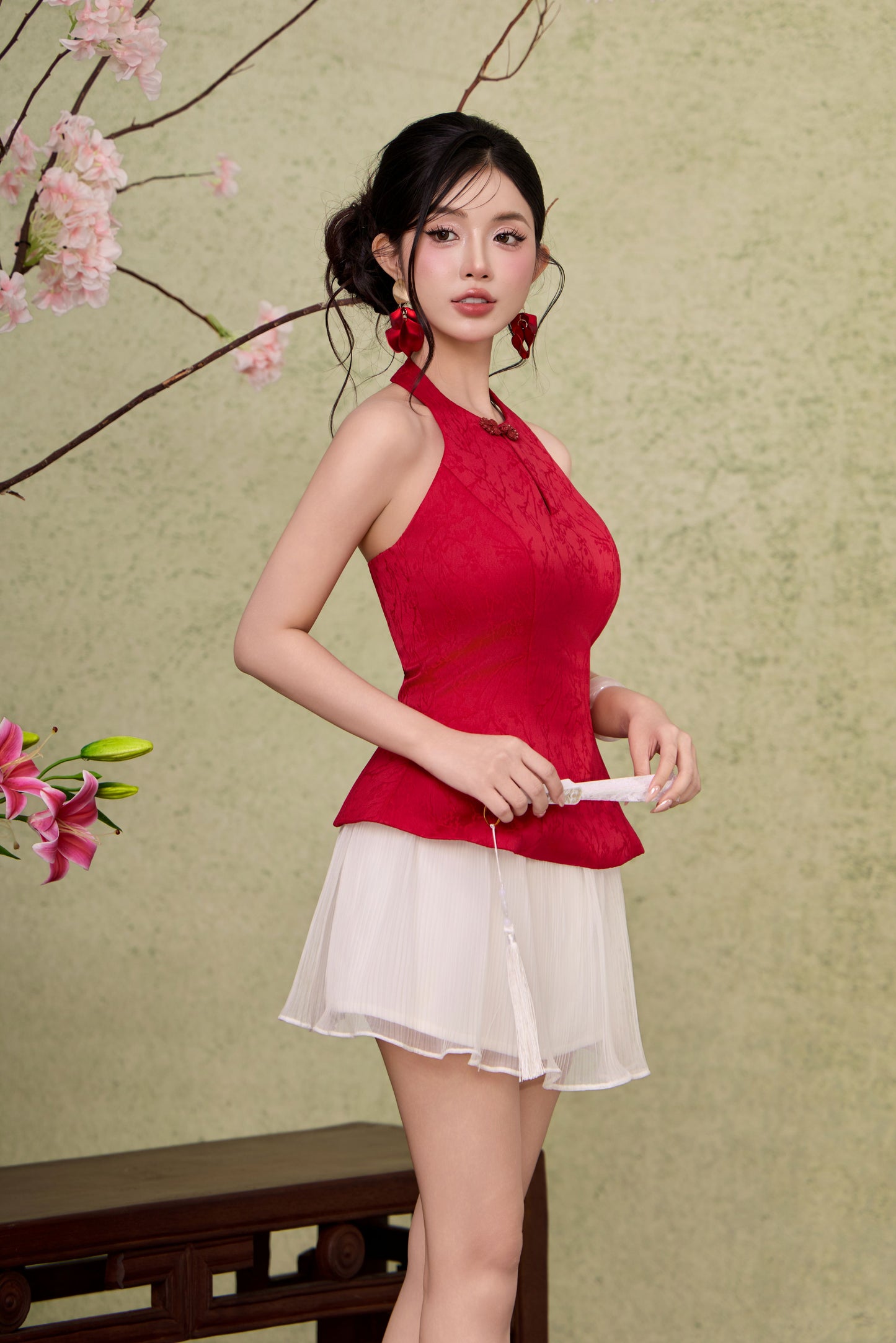 Ruyi Jaquard Flare Top - Red