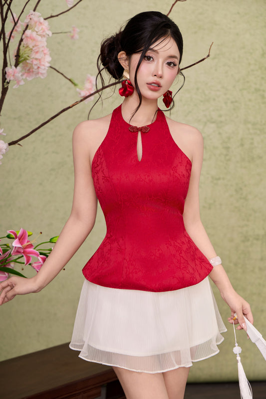 Ruyi Jaquard Flare Top - Red