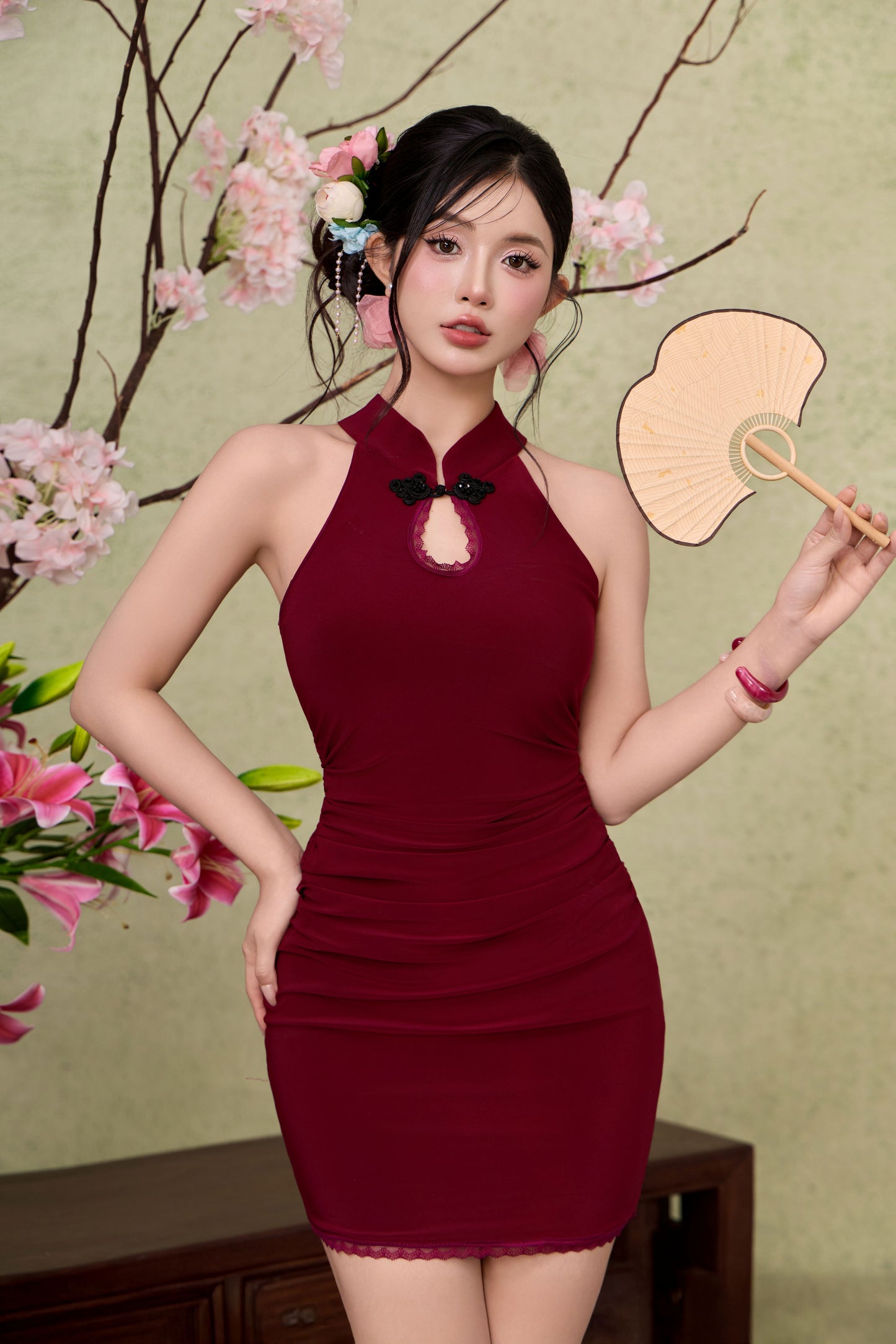 Bliss Lace Qipao - Dark Maroon
