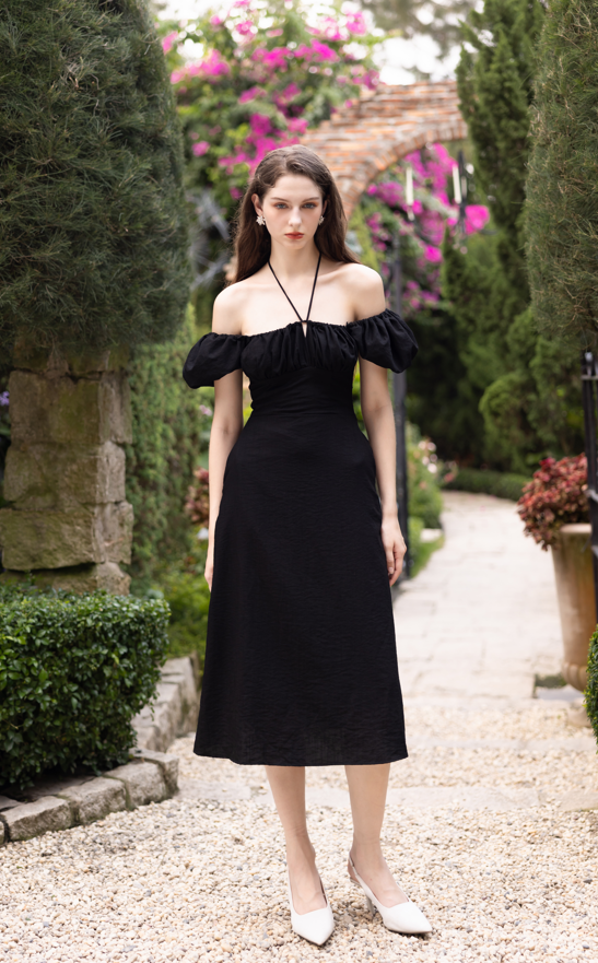 Black puff sleeve midi dress hotsell