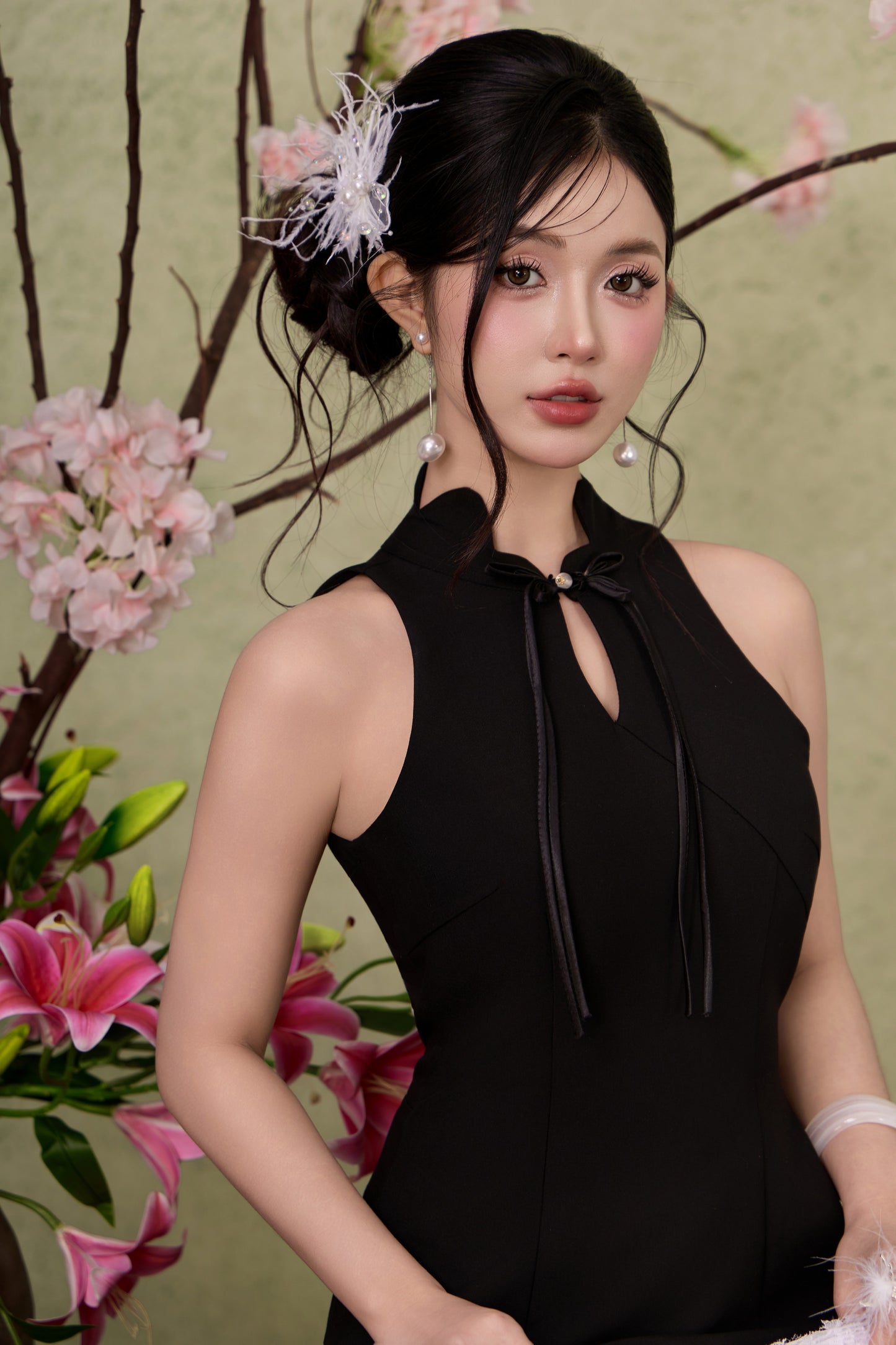 Petal Cheongsam Dress - Plain Black