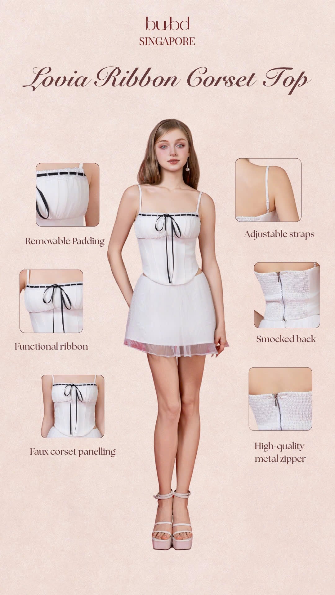 Lovia Ribbon Corset Top - Light Pink (No Boning - fake corset panelling)